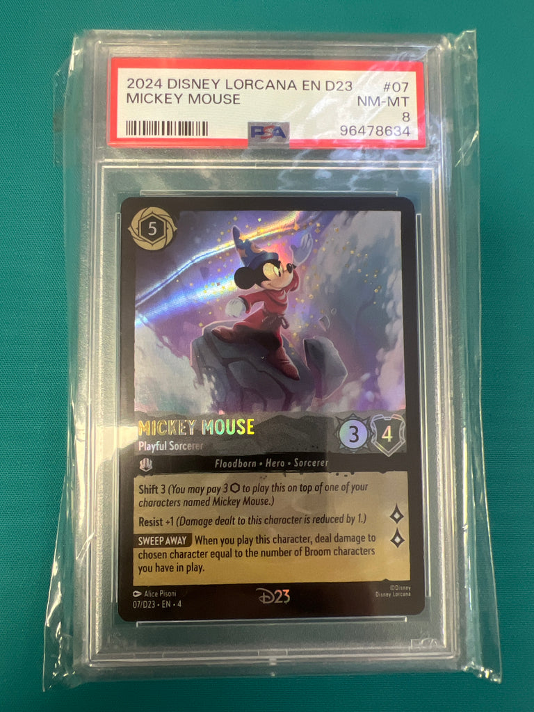 Graded Card: Lorcana - Mickey Mouse Playful Sorcerer 07/D23 PSA 8